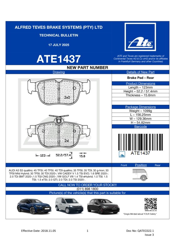 ATE1437 NEW! Brake Pad for Audi A3, VW Caddy V, VW Golf VIII featured image
